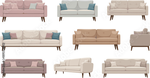 Realistic modern sofa furniture vector set with stylish couches for living room interior design and home decor projects