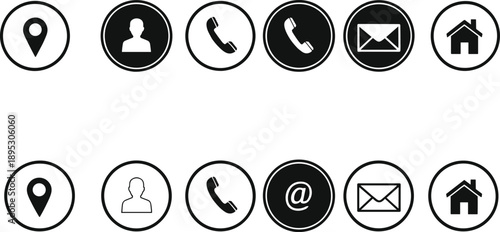 Collection of Circular Communication Icons Featuring Location Pins User Profiles Phone Receivers Envelopes Home Symbols and At Sign in Minimalist Black and White.