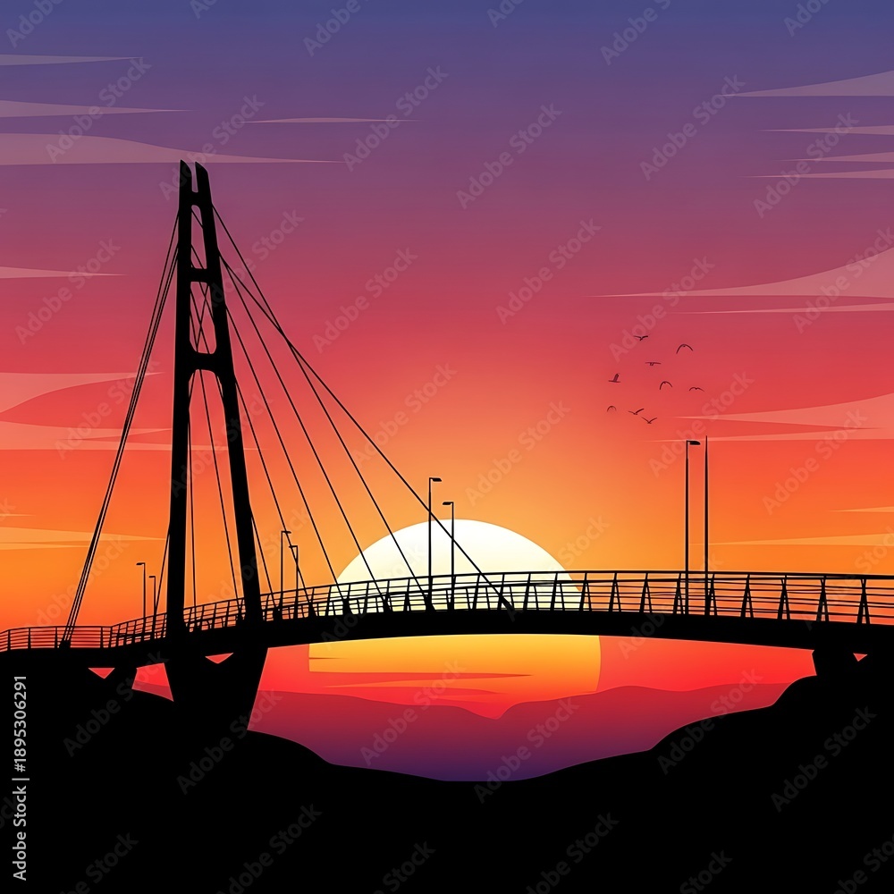 Obraz premium Sunset over a suspension bridge landscape.
