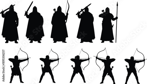 Black and white medieval warrior and archer silhouettes collection showing armed soldiers with swords spears and bows in battle stances