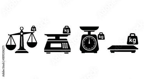 Four different scales displaying weight measurements in a linear arrangement