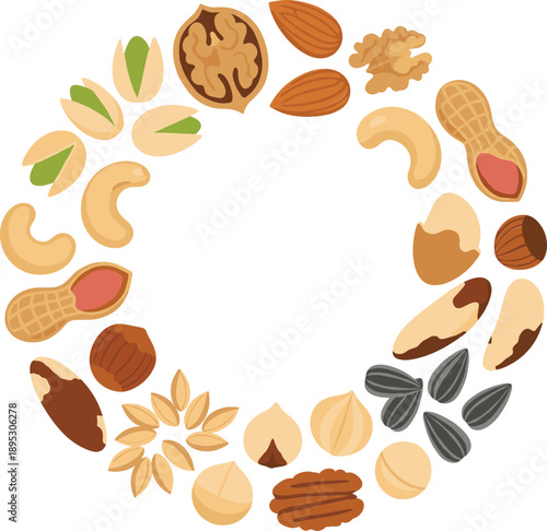 Round nut and seed wreath frame vector illustration with almonds, walnuts, pistachios and peanuts for healthy food design