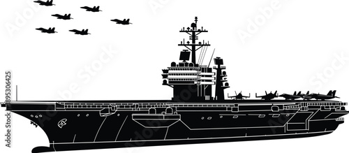 Military aircraft carrier silhouette, fighter jets formation, naval aviation power, warship deck, black and white vector, defense illustration, flavector