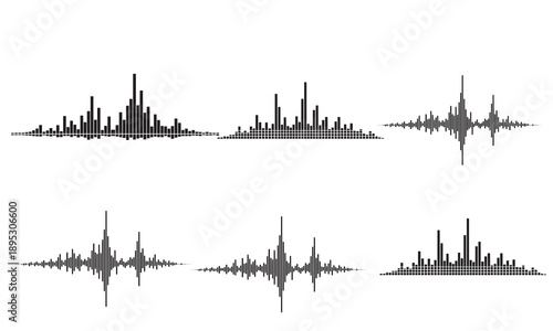 Set of six black and white audio waveform and equalizer graphic elements.