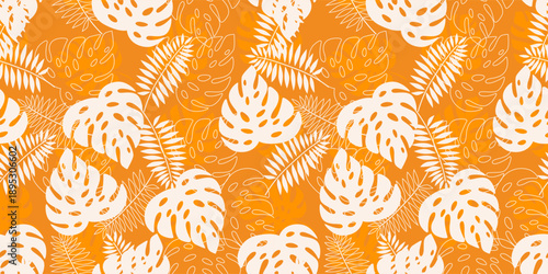 Botanical leaves seamless pattern with tropical vibes, monstera and palm for textile design and summer apparel