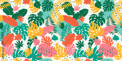 Botanical leaves seamless pattern with tropical vibes, monstera and palm for textile design and summer apparel