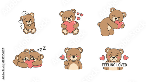 Cartoon Illustrations Showing Hearts, Sleep, and Joy on White Background