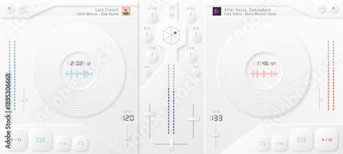 Neomorphic DJ Turntable Mixer UI – Minimal Audio Player Software Interface Vector