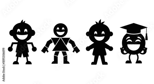 Four simple black silhouettes of smiling figures representing life stages