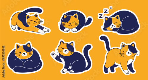 Modern vector sticker collection showing a cute cat in various expressive designs and charming styles, ideal for messaging apps, planners, journaling, and creative digital decoration