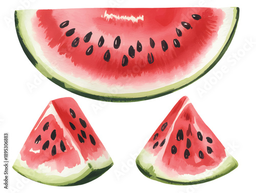 Watercolor Watermelon Slices Set Isolated on White Background