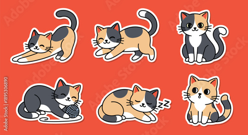 Modern vector sticker collection showing a cute cat in various expressive designs and charming styles, ideal for messaging apps, planners, journaling, and creative digital decoration