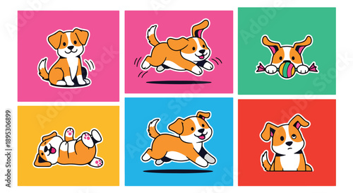 Modern vector sticker collection featuring a cute dog in multiple expressive styles and playful variations, designed for messaging apps, planners, scrapbooks, and creative digital projects
