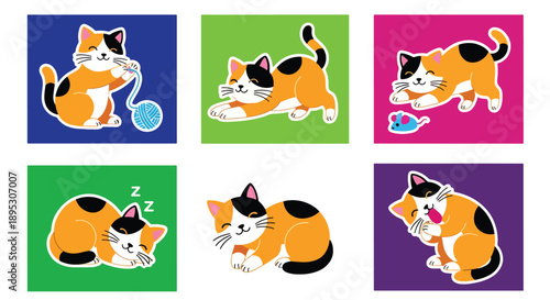 Modern vector sticker collection showing a cute cat in various expressive designs and charming styles, ideal for messaging apps, planners, journaling, and creative digital decoration