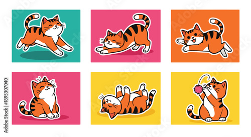Modern vector sticker collection showing a cute cat in various expressive designs and charming styles, ideal for messaging apps, planners, journaling, and creative digital decoration