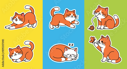 Modern vector sticker collection showing a cute cat in various expressive designs and charming styles, ideal for messaging apps, planners, journaling, and creative digital decoration
