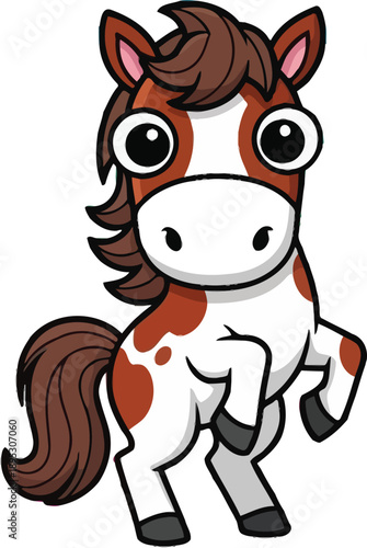A cartoon horse with a flowing mane and large eyes stands on hind legs, illustrating a playful equine character design