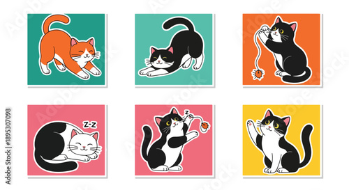 Modern vector sticker collection showing a cute cat in various expressive designs and charming styles, ideal for messaging apps, planners, journaling, and creative digital decoration