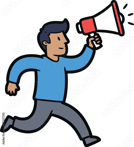 Man running with megaphone in hand, announcing or protesting, viewed from the side in a dynamic pose.