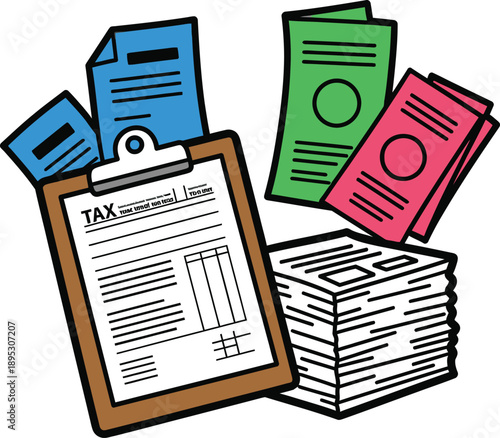 Financial documents and tax forms organized on a clipboard with papers and files