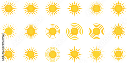 Sun icon vector set with bright sunshine symbols and circular radiant rays for summer weather and solar design