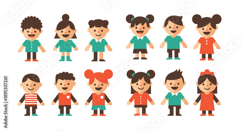 Diverse group of cartoon children with varying hairstyles and clothing