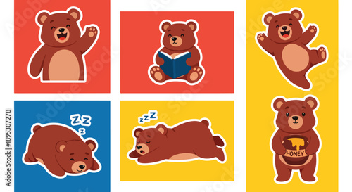 Modern vector sticker collection presenting a cute bear in various expressive designs and friendly styles, suitable for messaging apps, planners, scrapbooks, and digital decoration