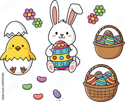 Cute white rabbit holding a colorful patterned Easter egg, yellow chick hatching from a white eggshell, two brown baskets filled with decorated Easter eggs