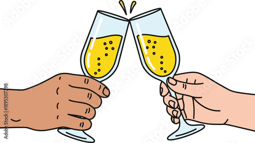 Two hands holding champagne flutes in a celebratory toast with splashing drinks eps vector illustration