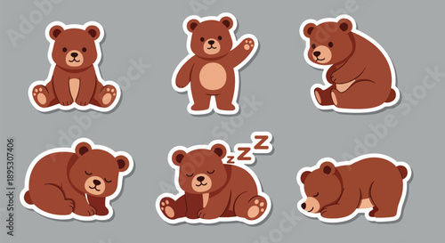 Modern vector sticker collection presenting a cute bear in various expressive designs and friendly styles, suitable for messaging apps, planners, scrapbooks, and digital decoration