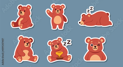 Modern vector sticker collection presenting a cute bear in various expressive designs and friendly styles, suitable for messaging apps, planners, scrapbooks, and digital decoration