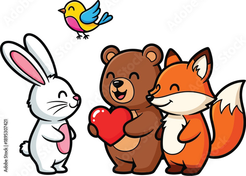Vector illustration of a rabbit, bear, and fox together with a bird flying above.