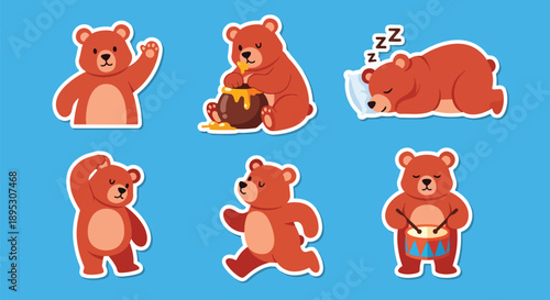Modern vector sticker collection presenting a cute bear in various expressive designs and friendly styles, suitable for messaging apps, planners, scrapbooks, and digital decoration