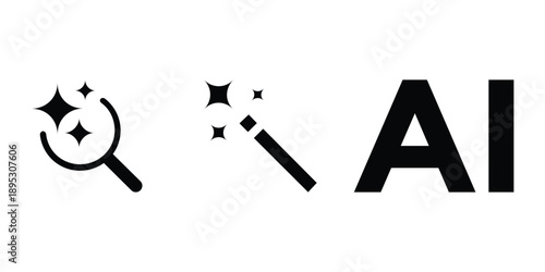 Generative AI Icon Set – Artificial Intelligence Generate Symbols with Sparkle Stars, Square and Search Magnifying Glass Vector Logos