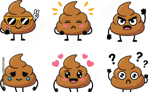Cute poop emoji character set showing different emotions funny cartoon vector illustration isolated