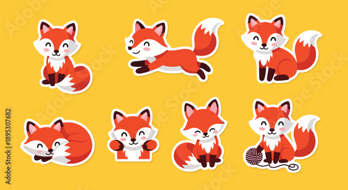 Modern vector sticker collection showing a cute fox in various expressive designs and playful styles, perfect for messaging apps, planners, scrapbooks, and creative decoration