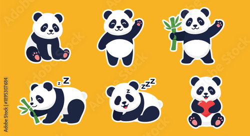 Modern vector sticker collection featuring a cute panda in multiple expressive designs and charming styles, ideal for digital messaging, planners, journaling, and creative projects