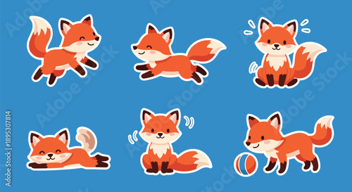 Modern vector sticker collection showing a cute fox in various expressive designs and playful styles, perfect for messaging apps, planners, scrapbooks, and creative decoration