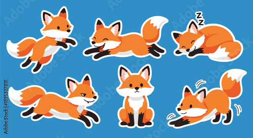 Modern vector sticker collection showing a cute fox in various expressive designs and playful styles, perfect for messaging apps, planners, scrapbooks, and creative decoration