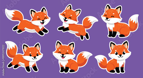 Modern vector sticker collection showing a cute fox in various expressive designs and playful styles, perfect for messaging apps, planners, scrapbooks, and creative decoration