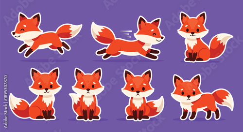 Modern vector sticker collection showing a cute fox in various expressive designs and playful styles, perfect for messaging apps, planners, scrapbooks, and creative decoration