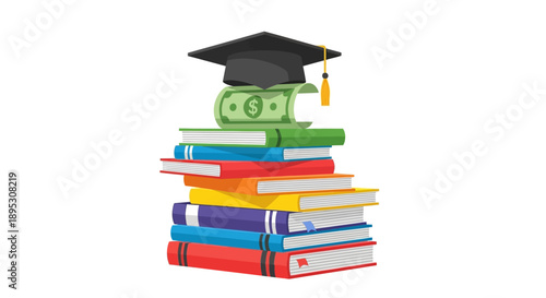 High Cost of Education Concept: Graduation Cap, Rolled Dollar Bill, and Stack of Books Vector Illustration for Student Loans and Scholarship Savings.