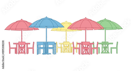 Colorful Outdoor Cafe Tables and Umbrellas on White Background