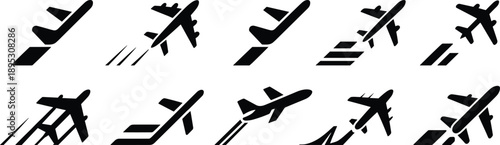 Airplane takeoff and landing icon set aviation flight motion black silhouette vector illustration