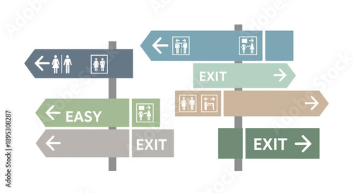 Directional Signs: Exit, Easy, Restroom, Elevator - Modern Design