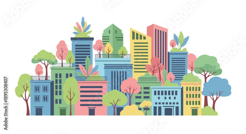 Eco city landscape with modern buildings and trees
