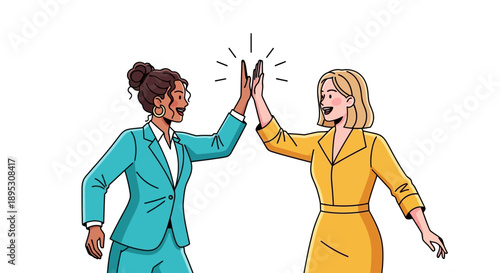Diverse Business Women High Five Illustration. Teamwork, Partnership, and Success Celebration in Vector Cartoon Style.