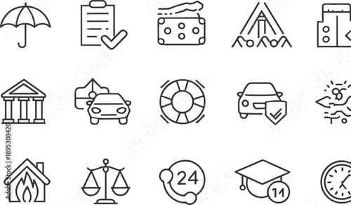 Insurance protection line icon set policy safety finance car home health vector illustration