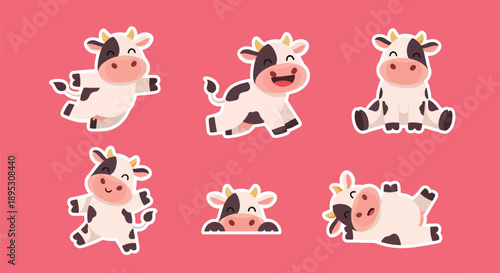 Modern vector sticker collection presenting a cute cow in various expressive designs and friendly styles, perfect for messaging apps, planners, and digital decoration