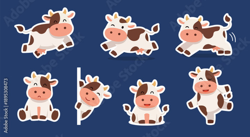 Modern vector sticker collection presenting a cute cow in various expressive designs and friendly styles, perfect for messaging apps, planners, and digital decoration